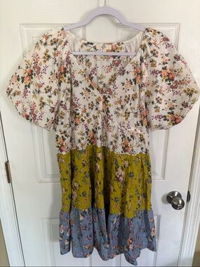 entro Floral Tiered Mini Dress in White, Olive, and Blue